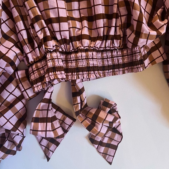 Anthropologie Maeve Bubble Sleeve Tie Front Babydoll Blouse Pink Plaid XS EUC - Picture 6 of 6